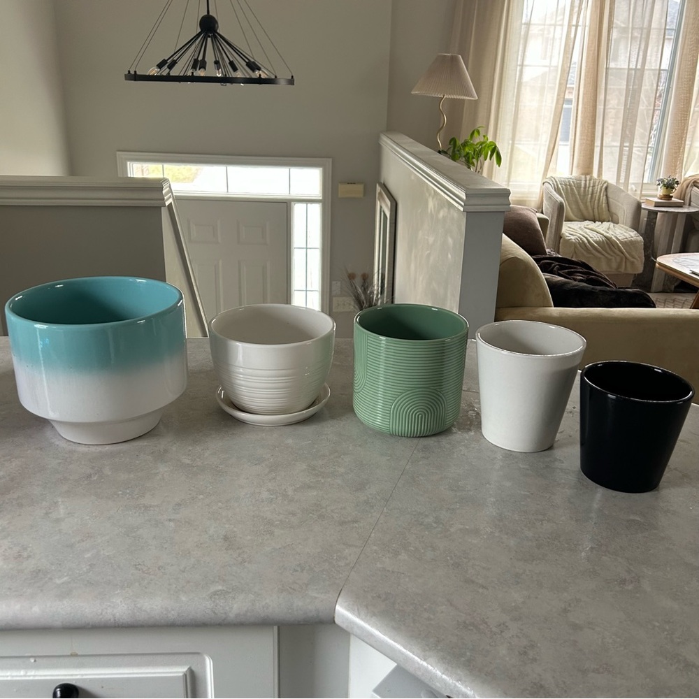 Six Ceramic Planters - Teal Ombre, Mint, White, Black